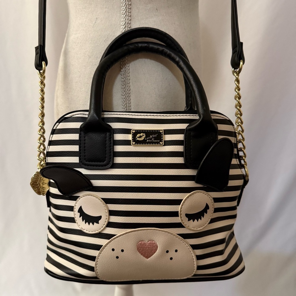 BETSY JOHNSON Y2K Kawaii Statement Luv Satchel Crossbody Striped Puppy Face Bag